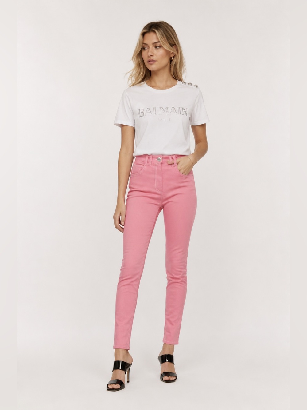 Balmain Paris Pink Skinny Jeans White Stitch Logo Pocket Made in Italy Size 42